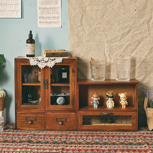 Vintage Solid Wood Display Cabinet with Dual Doors, Countertop Cosmetic Storage Organizer, Lightweight Vanity Case with Drawers, No Electricity Needed