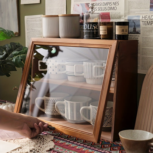 Wooden Storage Cabinet Home Glass Front Window Cosmetic Storage Box Tea Set Retro Multi-functional Storage Box