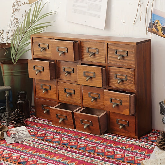 Rustic Wooden Desk Organizer, Vintage Style Drawer Storage Box, Multi-Layer Jewelry and Stamp Holder, Lightweight Office Tabletop Accessory, No Power Required, Stand-Alone Design
